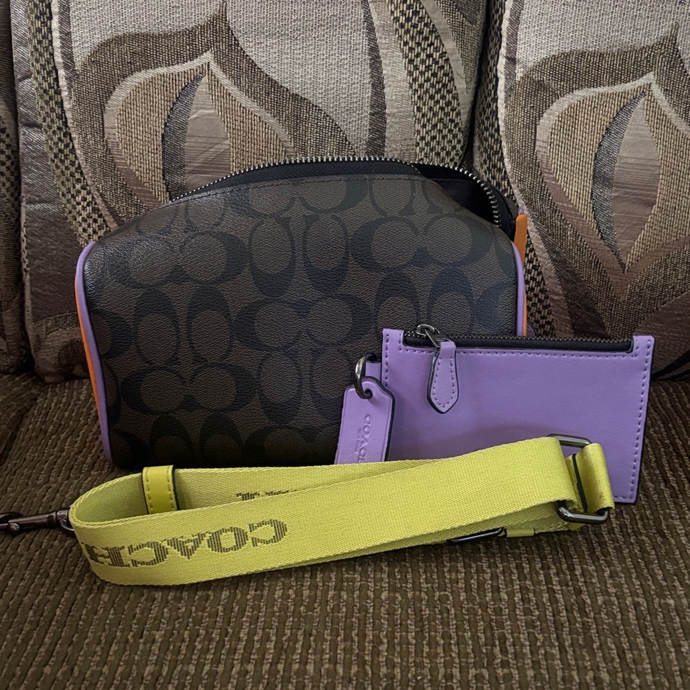 Coach Signature Pouch with Purple Card Holder and Yellow Strap